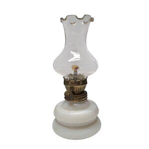 Milk Glass Oil Lamp Small 6.5 Inch Tall Bubble Base Hong Kong Vintage